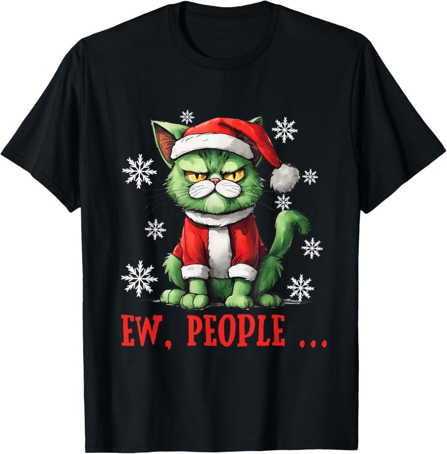 Ew People Grumpy Santa Cat Pun Christmas T-Shirt - T-Shirt | Black