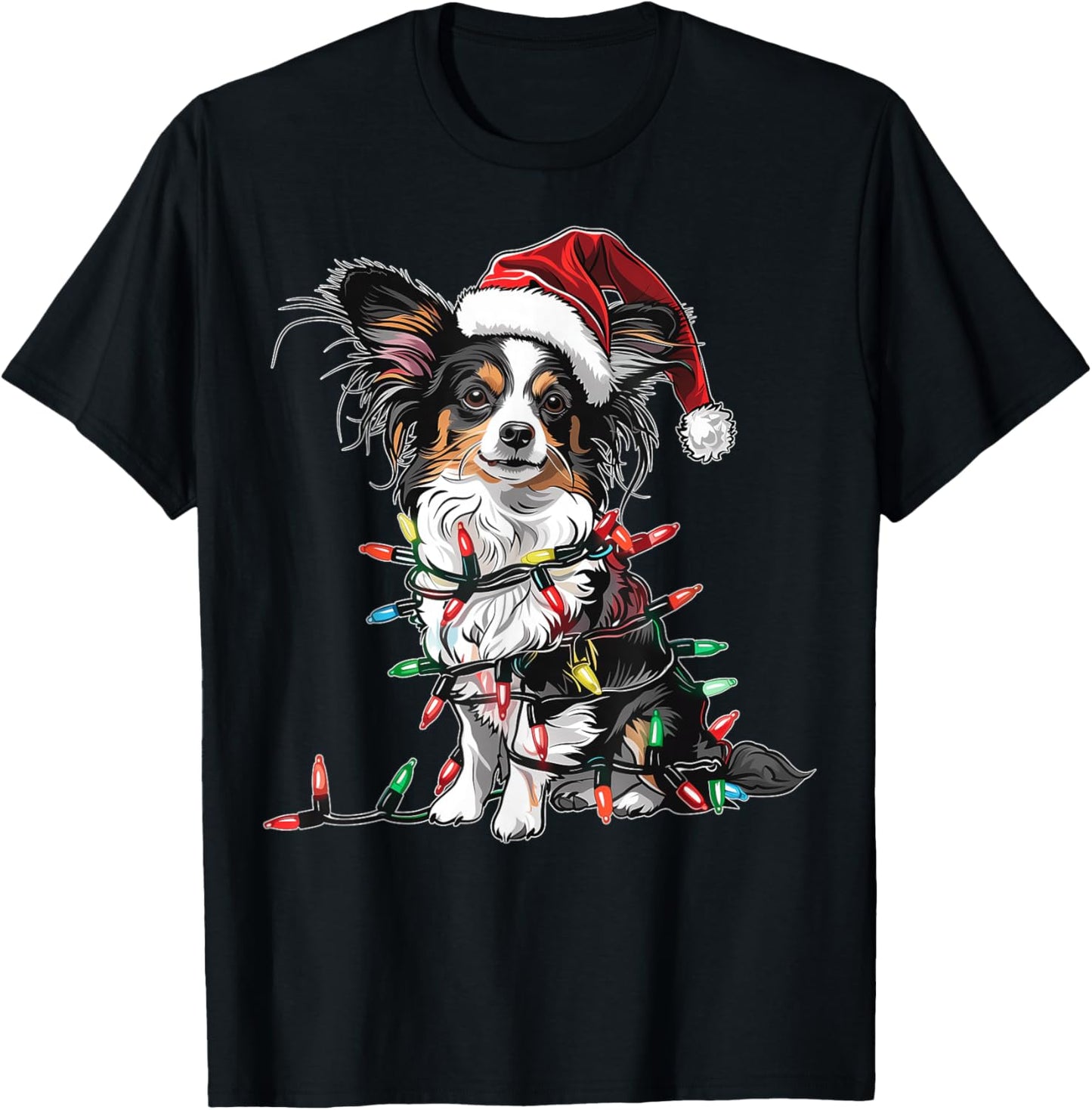 Cute Papillon Dog Christmas Hat Xmas T-Shirt - T-Shirt | Black