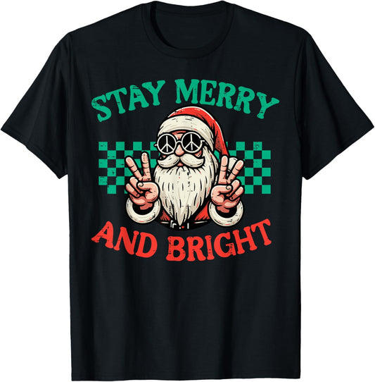 Christmas Santa Peace Merry Bright Retro Xmas Women Men Kid T-Shirt - T-Shirt | Black