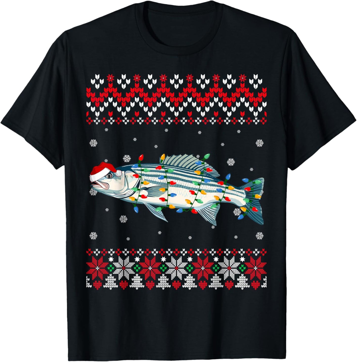 Striped Bass Fish Santa Hat Women Kids Ugly Christmas Light T-Shirt - T-Shirt | Black