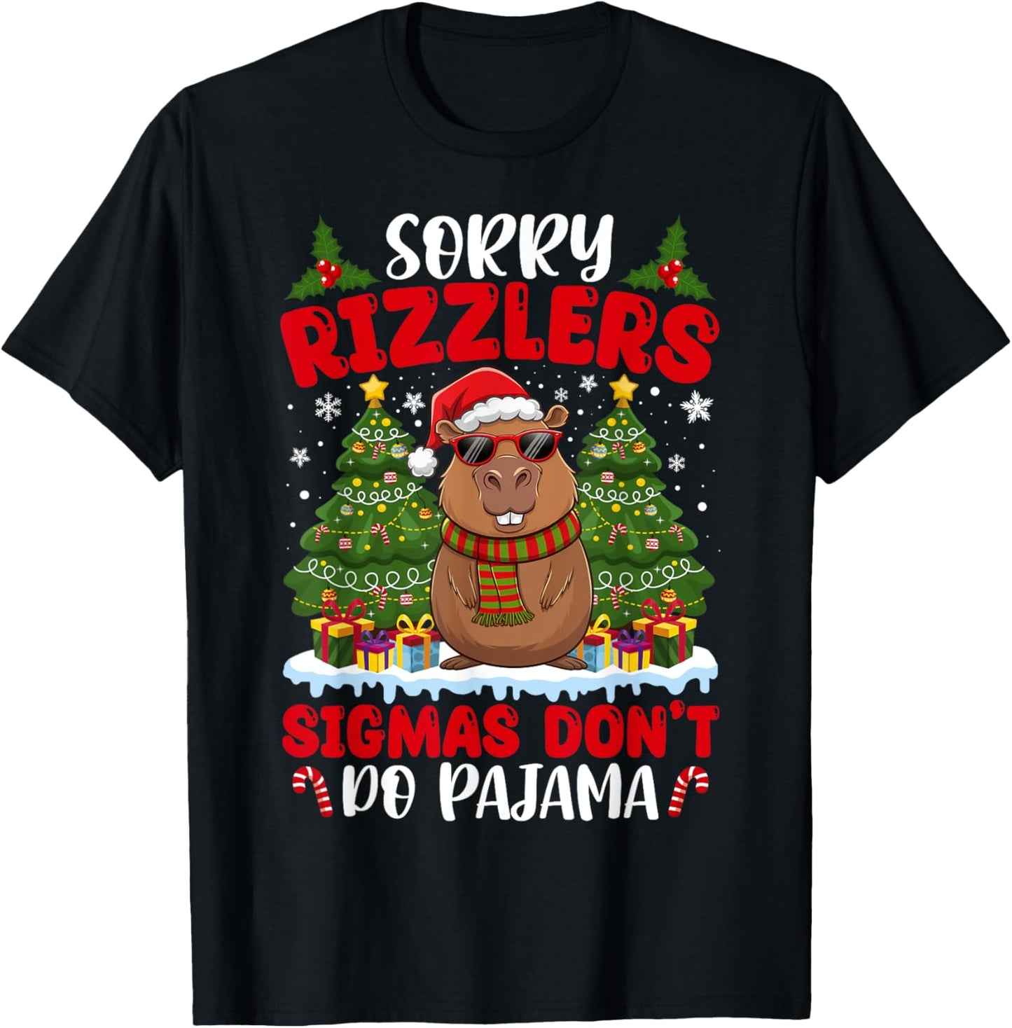 Sigmas Don't Do Pajamas Funny Gen Alpha Christmas Capybara T-Shirt - T-Shirt | Black