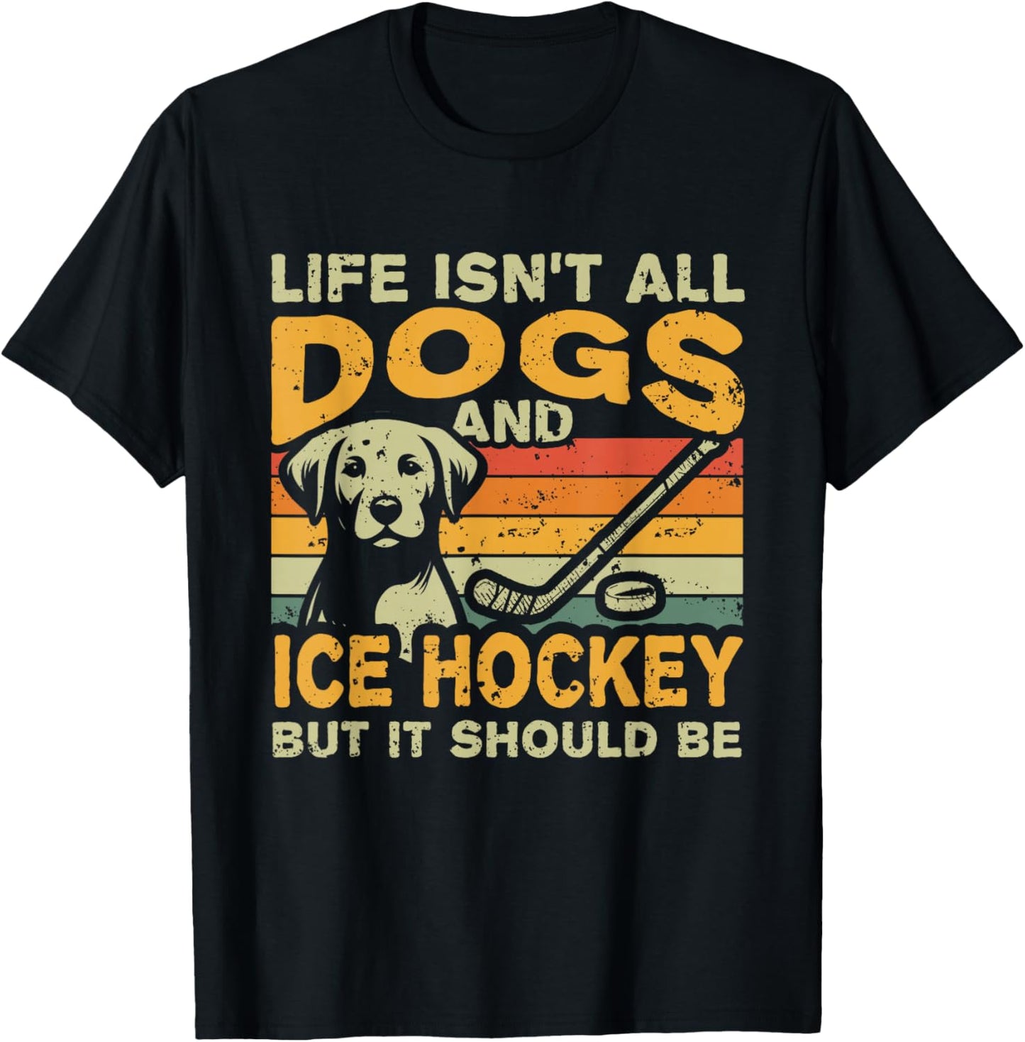 Adult Retro Themed Dog And Hockey Black Small T-Shirt - T-Shirt | Black