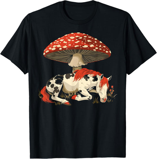 Cute Appaloosa Horse Cottagecore Aesthetic Mushroom T-Shirt - T-Shirt | Black