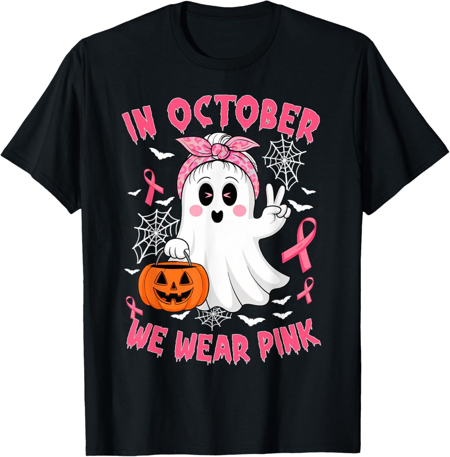 Breast Cancer Awareness In October We Wear Pink Cute Ghost T-Shirt - T-Shirt | Black