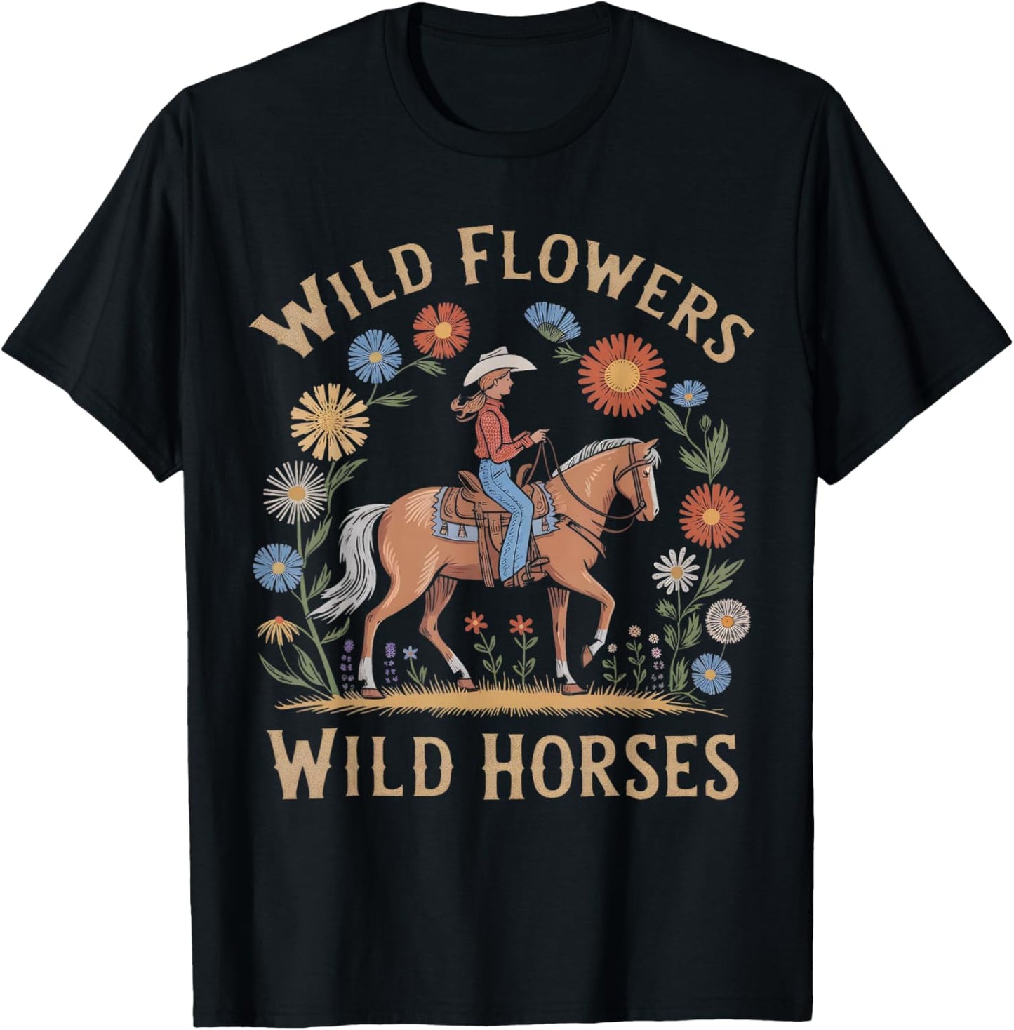 Retro Southern Sunset Wild Cowgirl Flowers - Wild Horses T-Shirt - T-Shirt | Black
