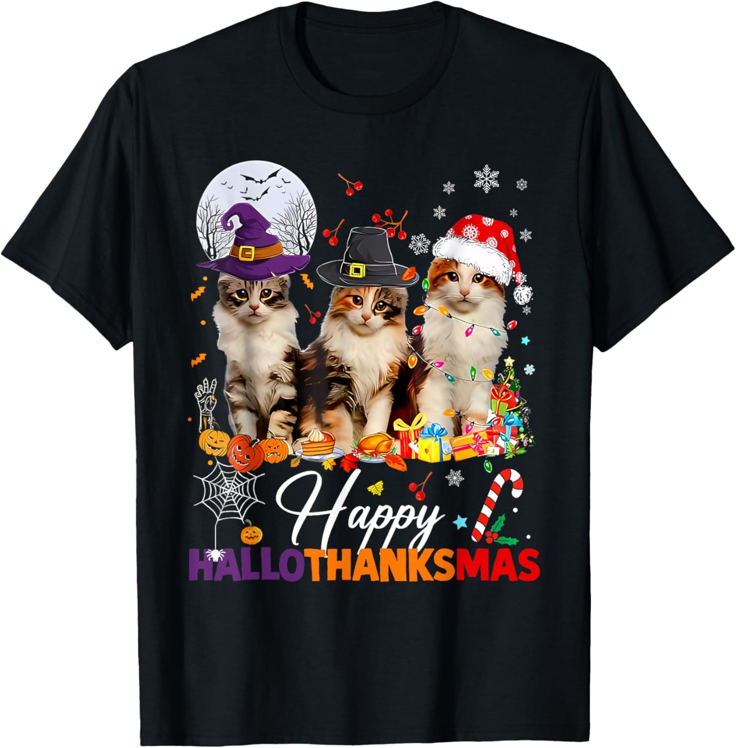 Happy Hallothanksmas Cute Cats Halloween Thanksgiving Xmas T-Shirt - T-Shirt | Black