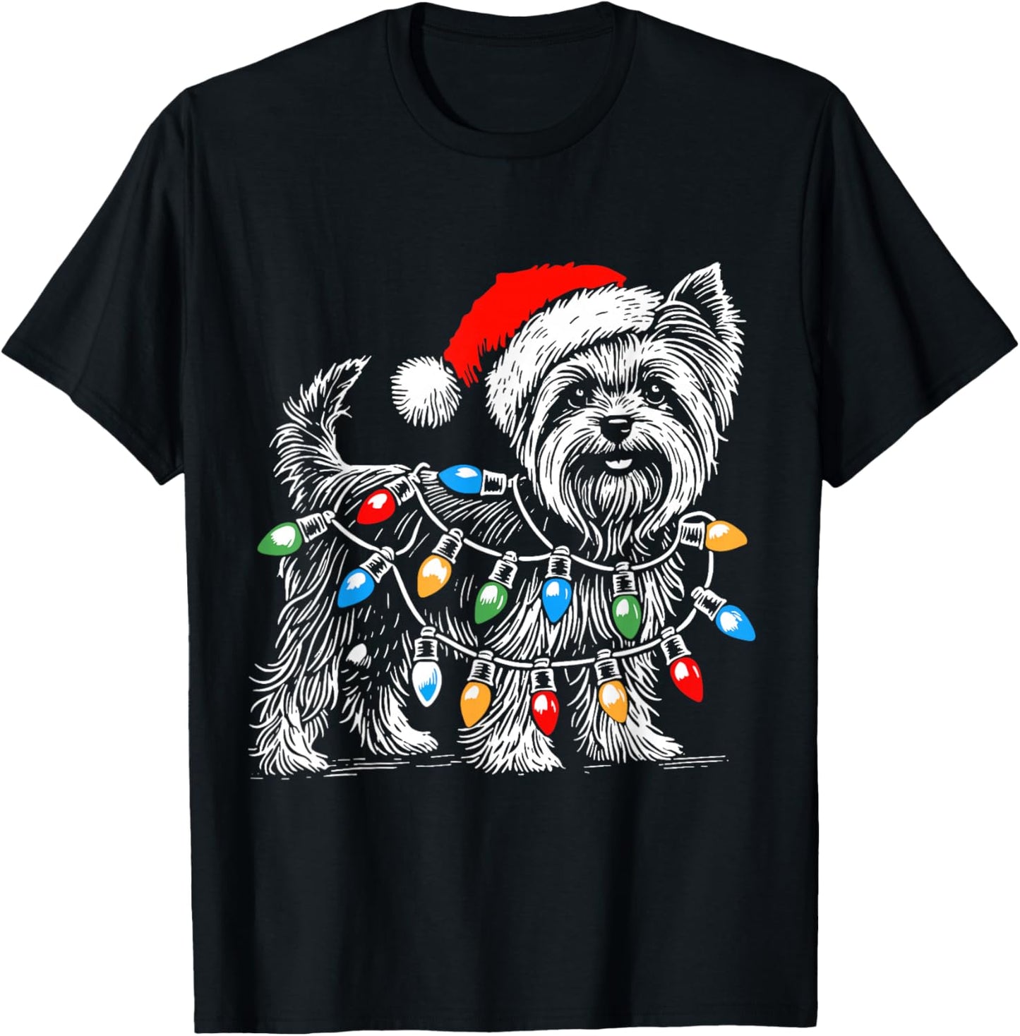 Yorkshire Terrier Christmas Lights Decorations Yorkie Dog PJ T-Shirt - T-Shirt | Black