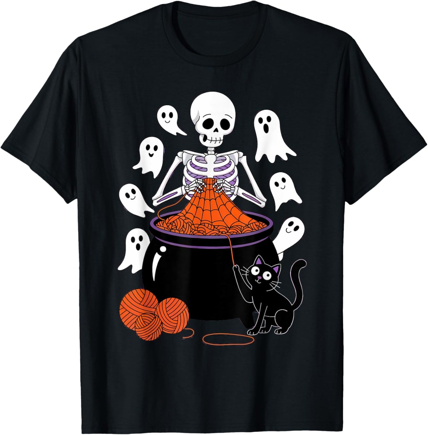 Crochet Halloween Skeleton Knitting Pumpkin Ghost Crocheter T-Shirt - T-Shirt | Black