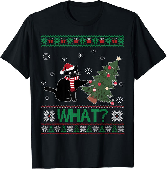 Black Cat What Pushing Christmas Tree Funny Cat Xmas Gifts Men Women Kids T-Shirt - T-Shirt | Black