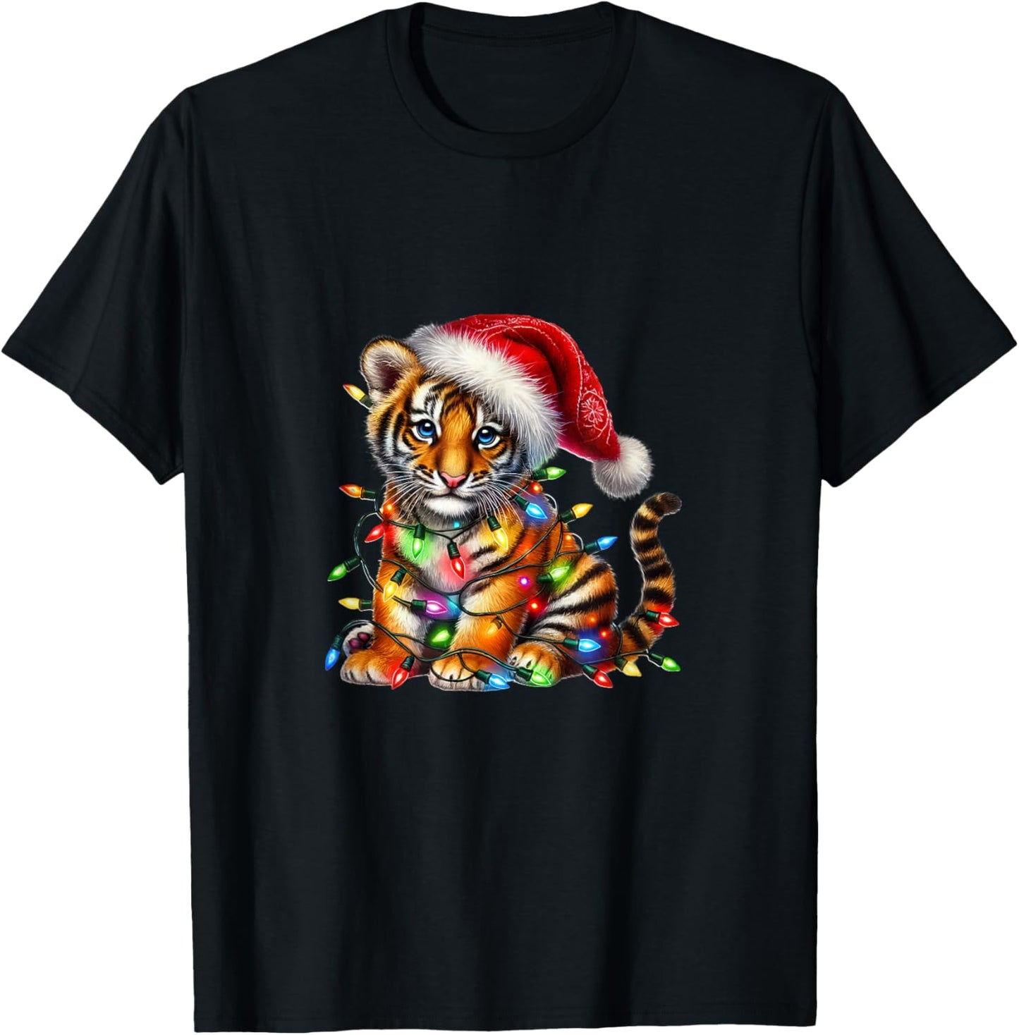 Cute Tiger Christmas Lights Festive Holiday T-Shirt - T-Shirt | Black