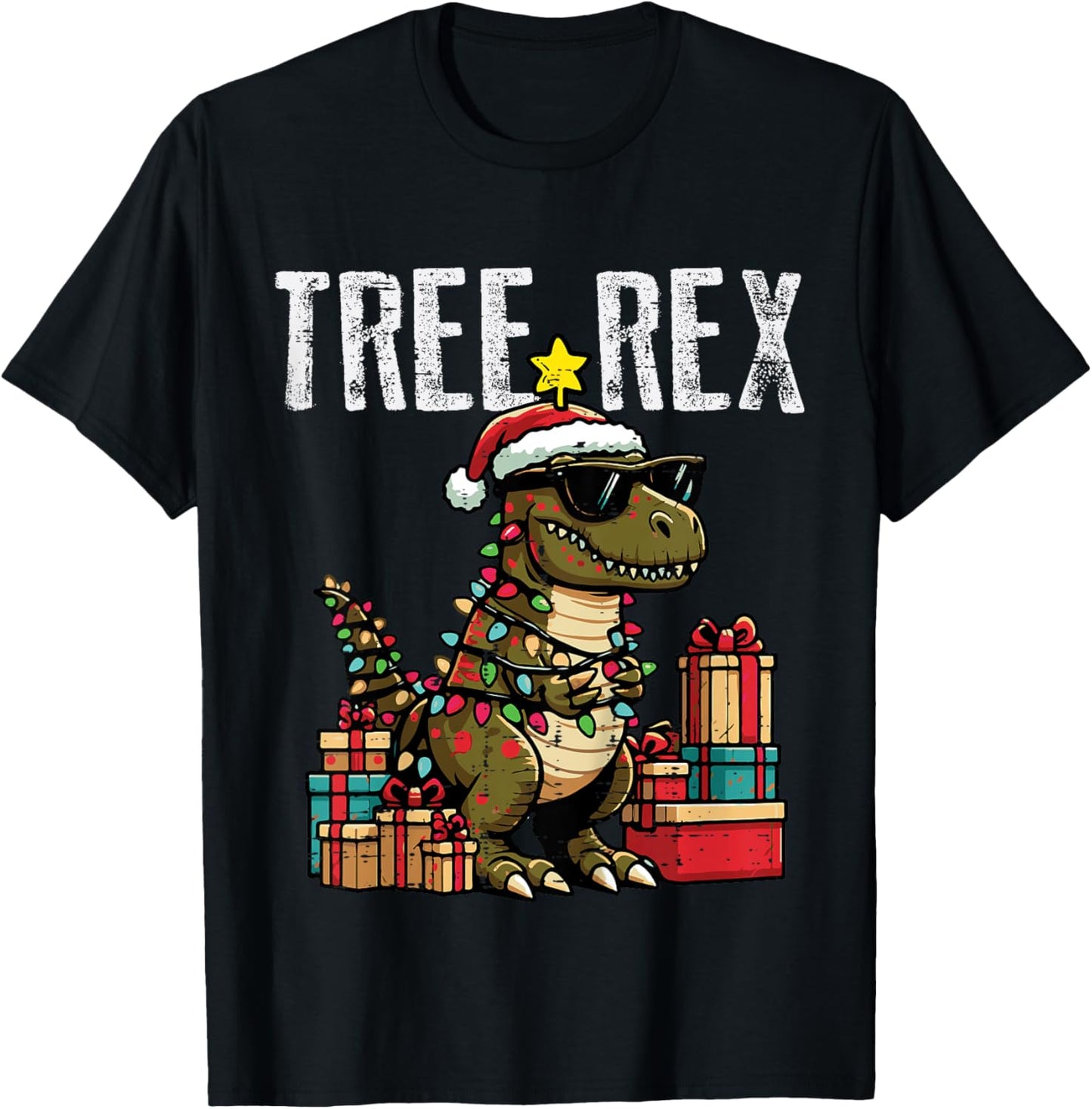 Kids Christmas Dinosaur Tree Rex Xmas Trex Toddler Boys Kid Youth T-Shirt - T-Shirt | Black