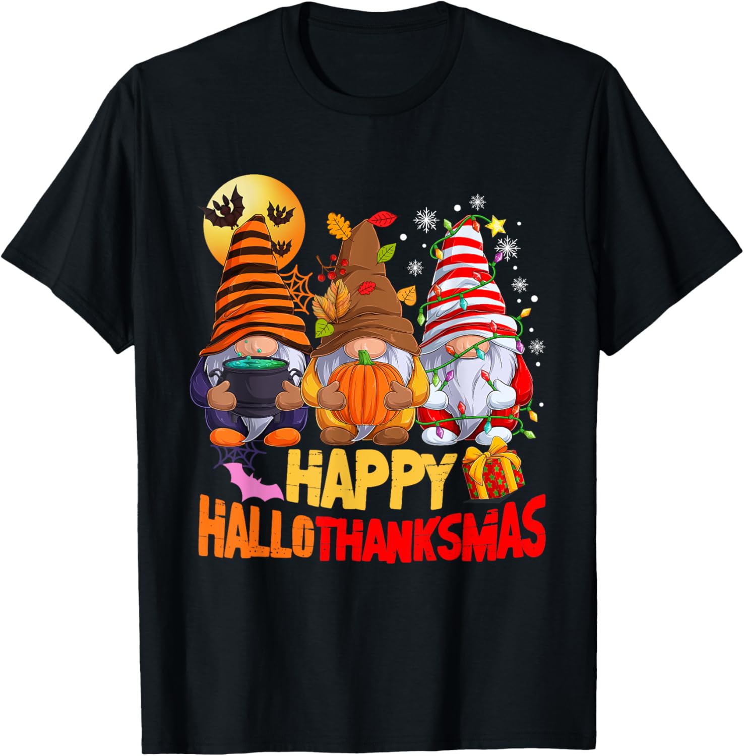 Happy Hallothanksmas Gnomes Lover Halloween Merry Christmas T-Shirt - T-Shirt | Black
