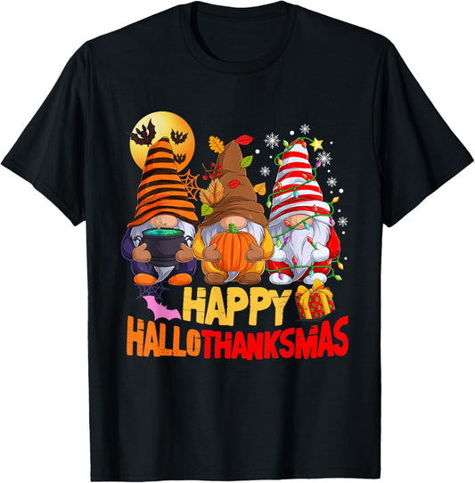 Happy Hallothanksmas Gnomes Lover Halloween Merry Christmas T-Shirt - T-Shirt | Black