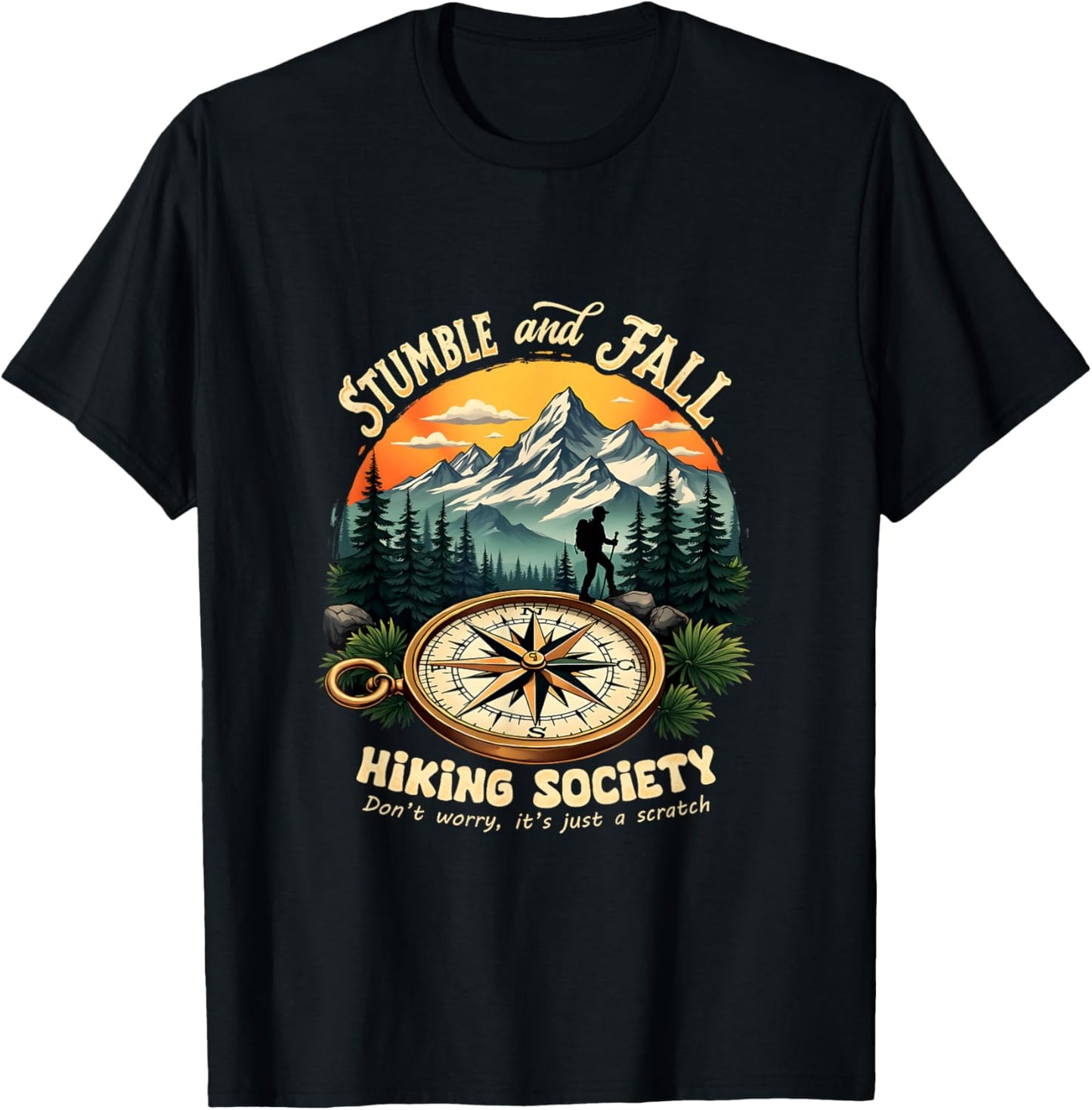 Retro Vintage Hiking and Climbing Costume Vintage Stumble And Fall Hiking Society Don't Worry Hiking - -Adults, Black, Small, Short Sleeve, Polyester 100%, Nature T-Shirt - T-Shirt | Black