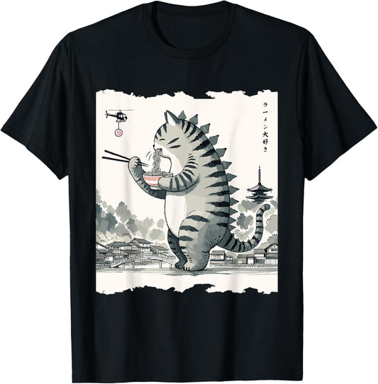 Nerrrdy -Adults Kids Cat Monster Kawaii Cat Ramen Catzilla Black Small T-Shirt - T-Shirt | Black