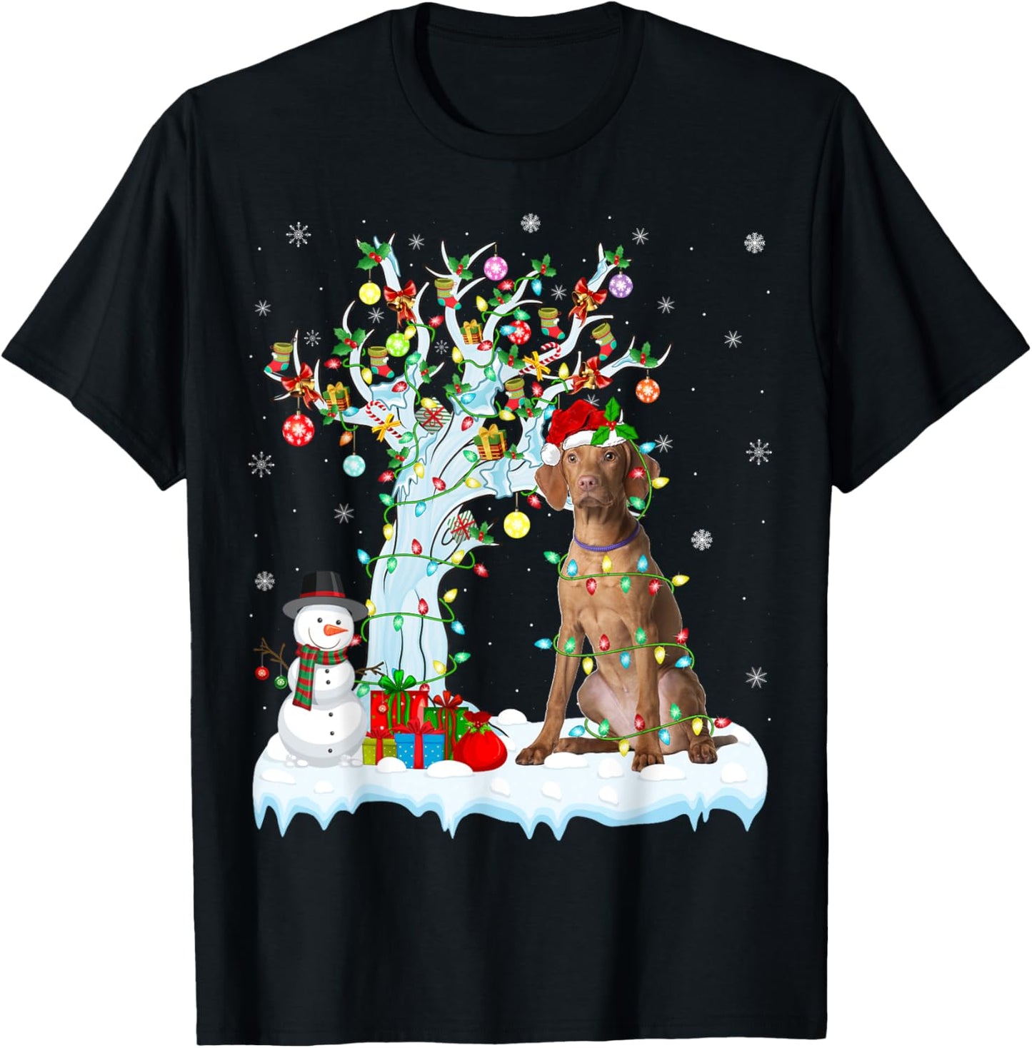 Vizsla Dog Xmas Lighting Tree Santa Hat Vizsla Christmas Men Women Kids T-Shirt - T-Shirt | Black