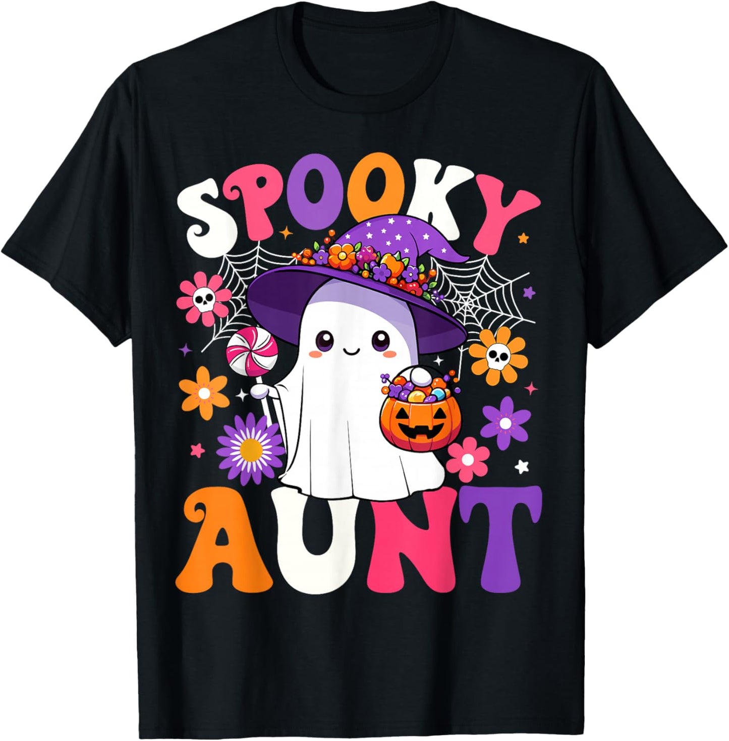 Groovy Spooky Aunt Halloween Ghost Pumpkin Halloween Auntie T-Shirt - T-Shirt | Black