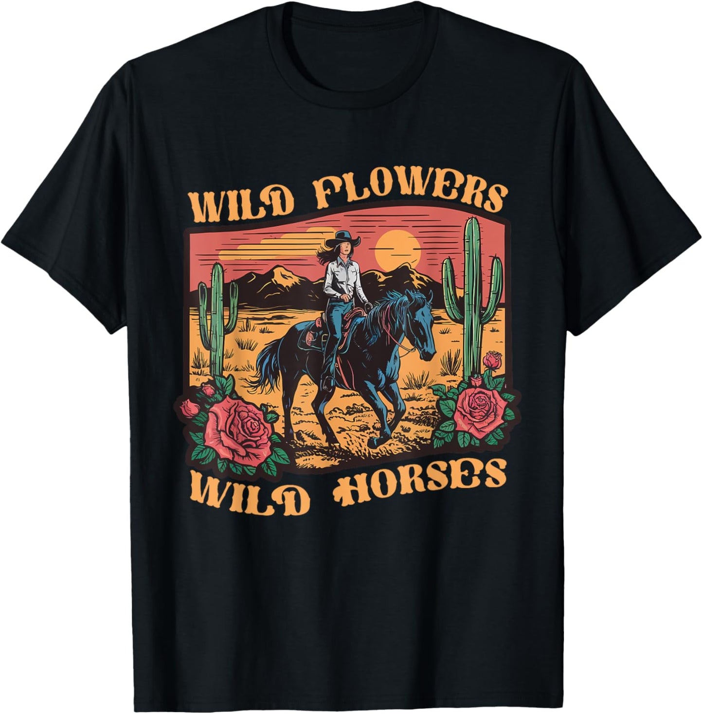 Vintage Sunset Cowgirl Riding Horse Wildflowers Women Girls T-Shirt - T-Shirt | Black
