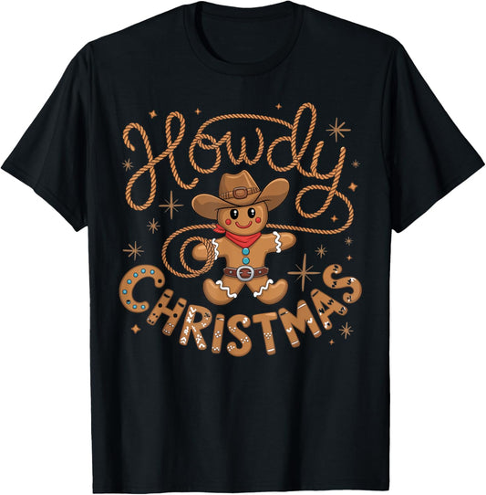 Retro Gingerbread Cowboy Western Howdy Christmas Christmas , Black, Small, Short Sleeve, Cotton Blend, Machine Wash, Regular Fit, Cartoon Pattern, Western Style T-Shirt - T-Shirt | Black