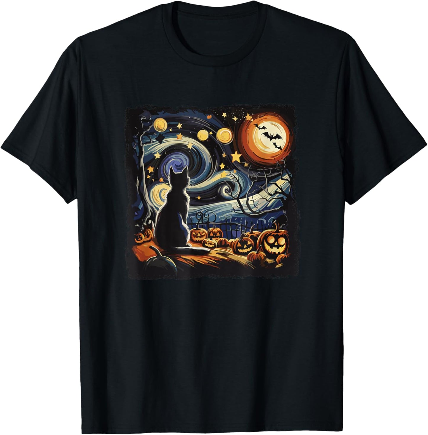 Halloween Van Gogh Starry Night Black Cat Pumpkins And Bats T-Shirt - T-Shirt | Black