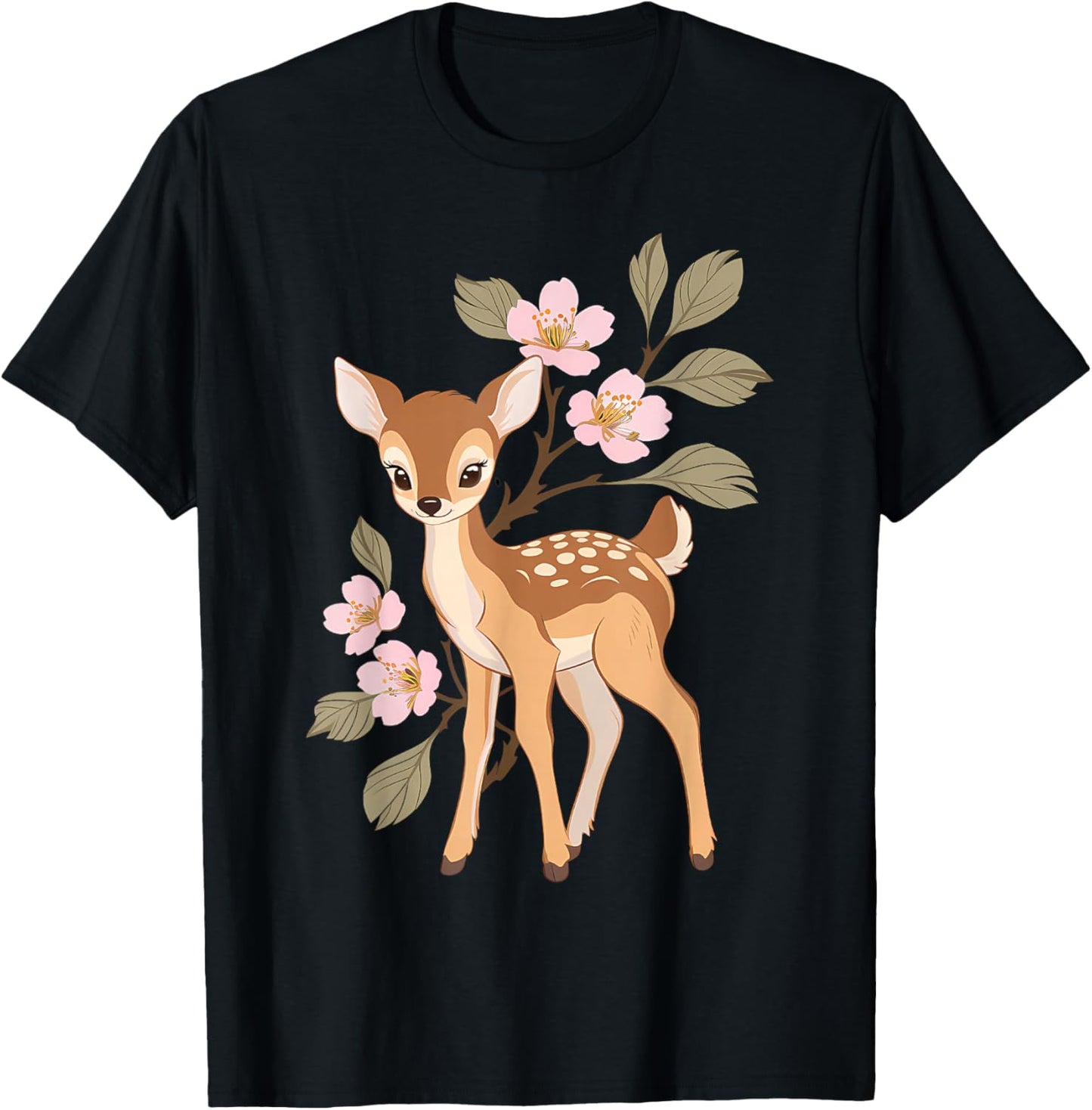 Cute Kawaii Japanese Graphic Deer Sakura Cherry Blossom T-Shirt - T-Shirt | Black