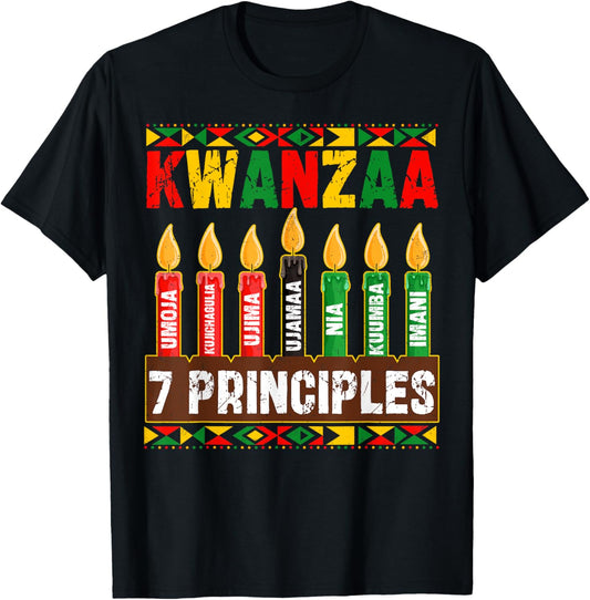 Happy Kwanzaa Kinara Seven Principles Candles Pan African T-Shirt - T-Shirt | Black