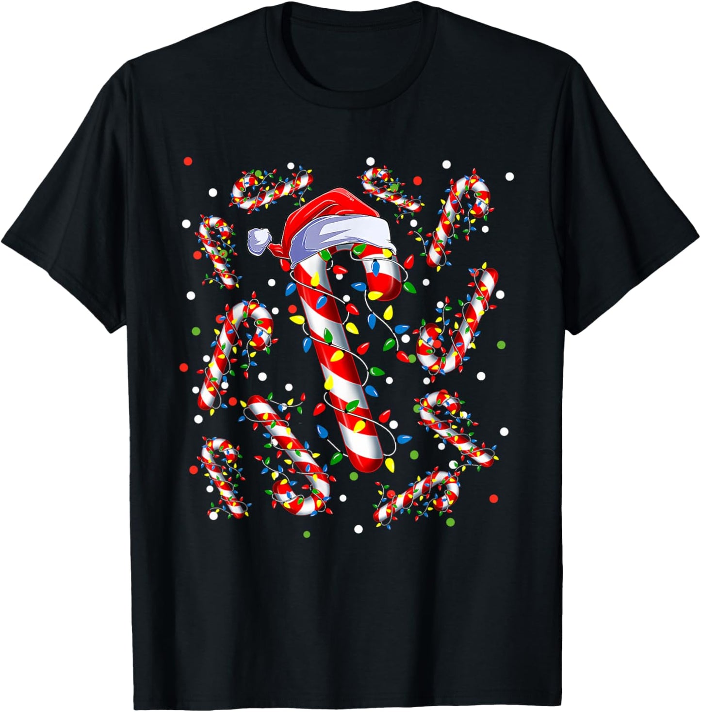 Candy Cane Santa Hat Christmas Xmas Lights Red And White T-Shirt - T-Shirt | Black