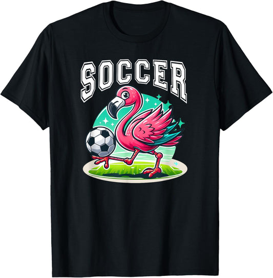 Pink Flamingo Playing Soccer T-Shirt - T-Shirt | Black