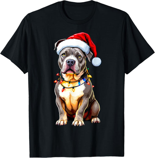 Funny Pitbull Pittie Santa Dog Lover Xmas Christmas Lights Women Kids T-Shirt - T-Shirt | Black