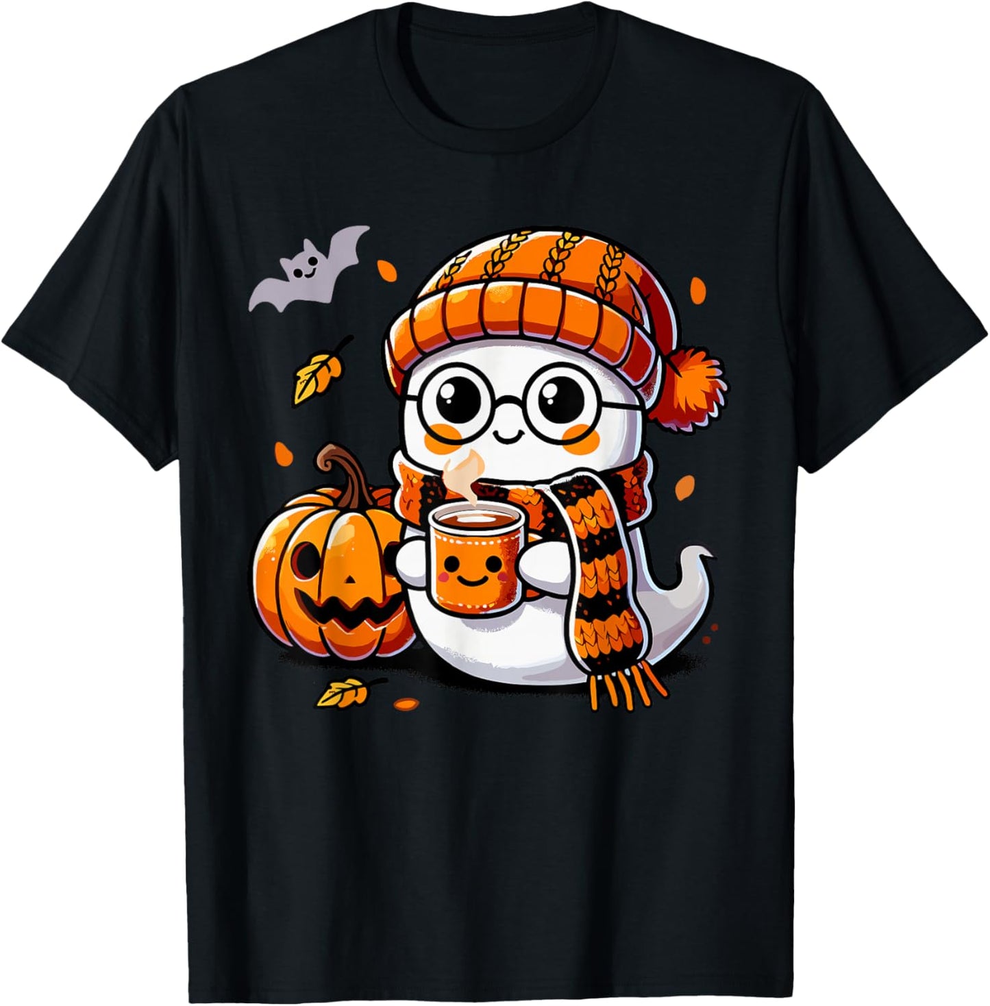 Ghost Drinking Coffee & Tea, Cute Halloween Kawaii T-Shirt - T-Shirt | Black