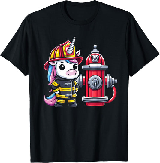 Firefighter Unicorn Fire Hydrant Fireman Kids Firefighting T-Shirt - T-Shirt | Black