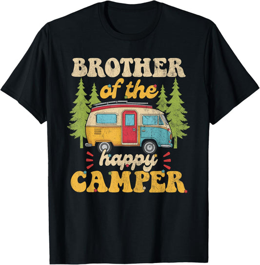 Brother of Happy Camper 1st Birthday Party Retro Brother T-Shirt - T-Shirt | Black