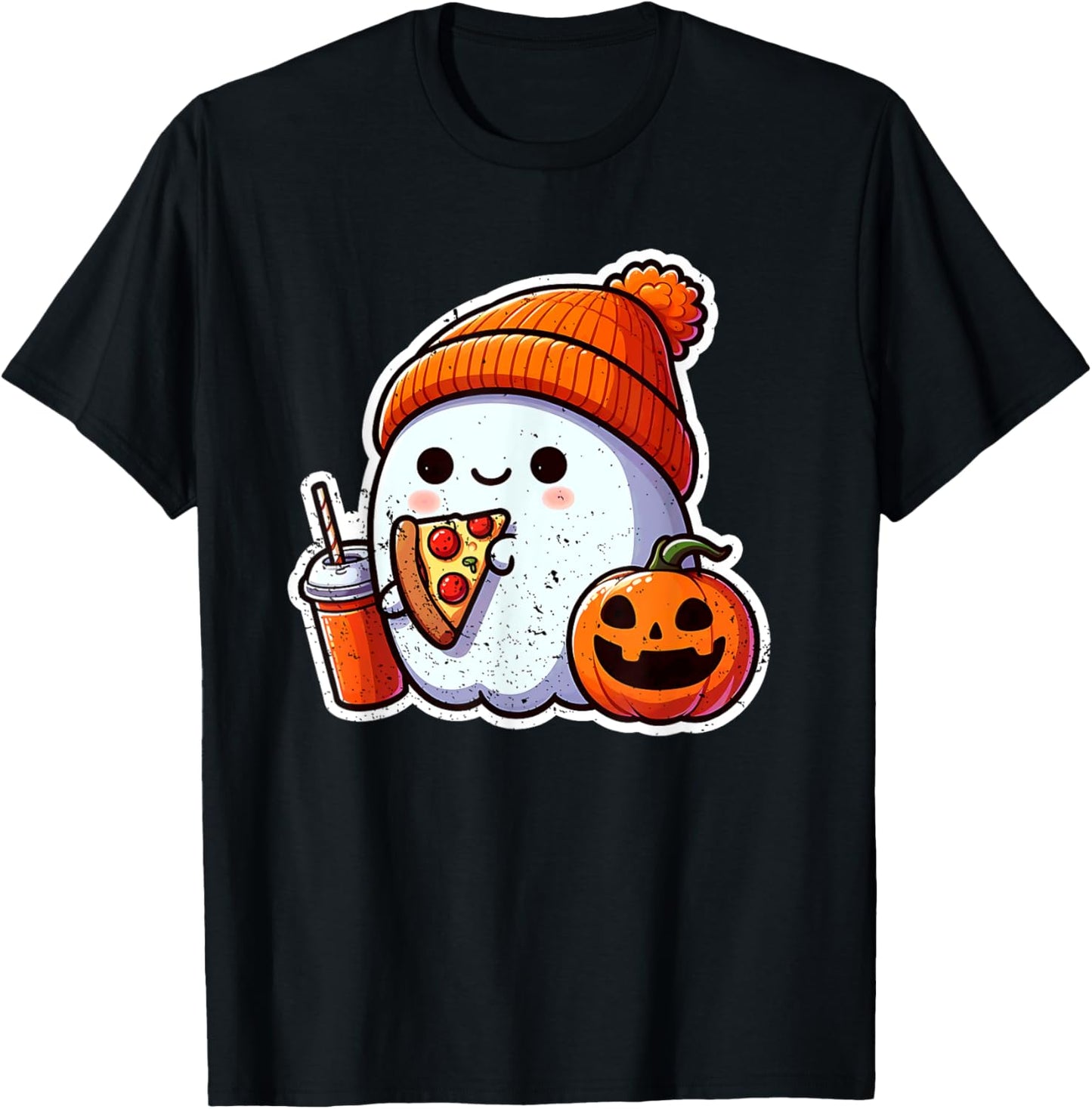 Halloween Ghost Coffee n Pizza Cute Costume Girl Kids Women T-Shirt - T-Shirt | Black