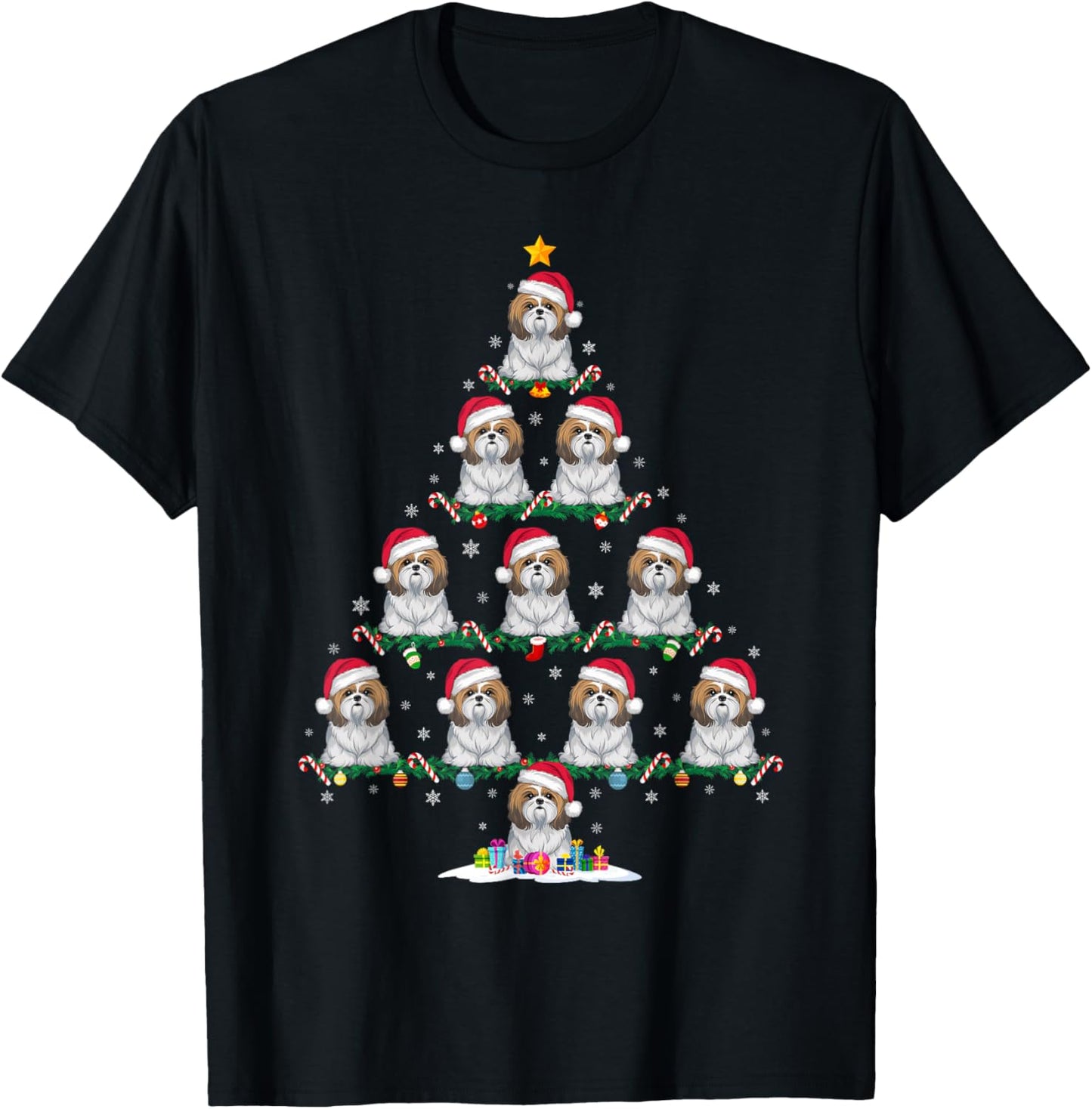 Shih Tzu Dog Christmas Tree Pajama Men Women Kids Ugly Xmas T-Shirt - T-Shirt | Black