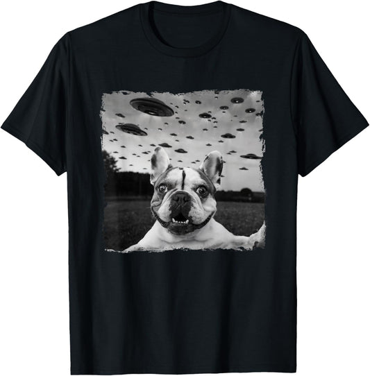 French BullDog Selfie UFO Alien Abduction Halloween Dog T-Shirt - T-Shirt | Black