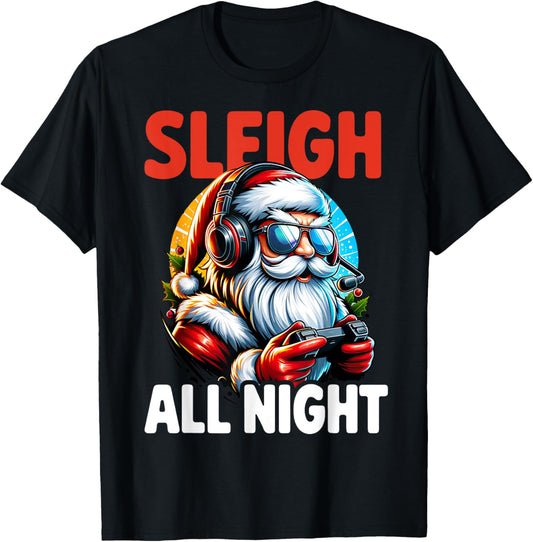 Christmas Gamer Boys Sleigh All Night Video Game Santa Xmas T-Shirt - T-Shirt | Black