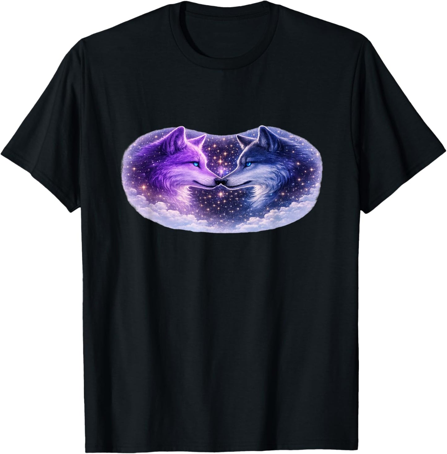 Celestial Purple Blue Wolves Cosmic Spirit Wolf Art T-Shirt - T-Shirt | Black