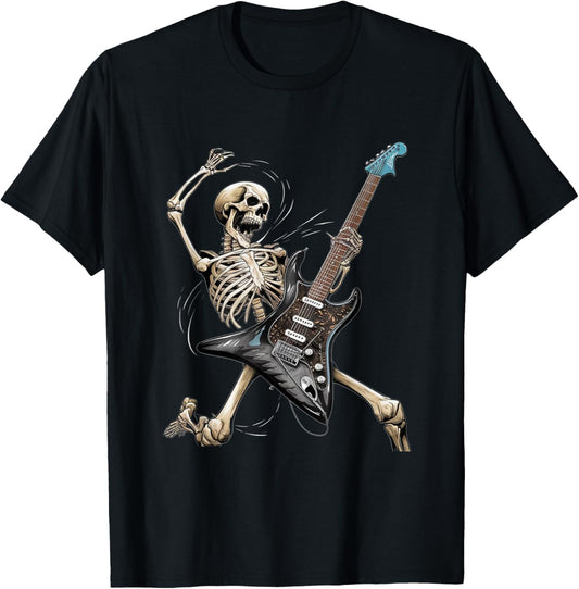 Rock Skeleton Halloween Funny Music Guitar Men Women Kids T-Shirt - T-Shirt | Black