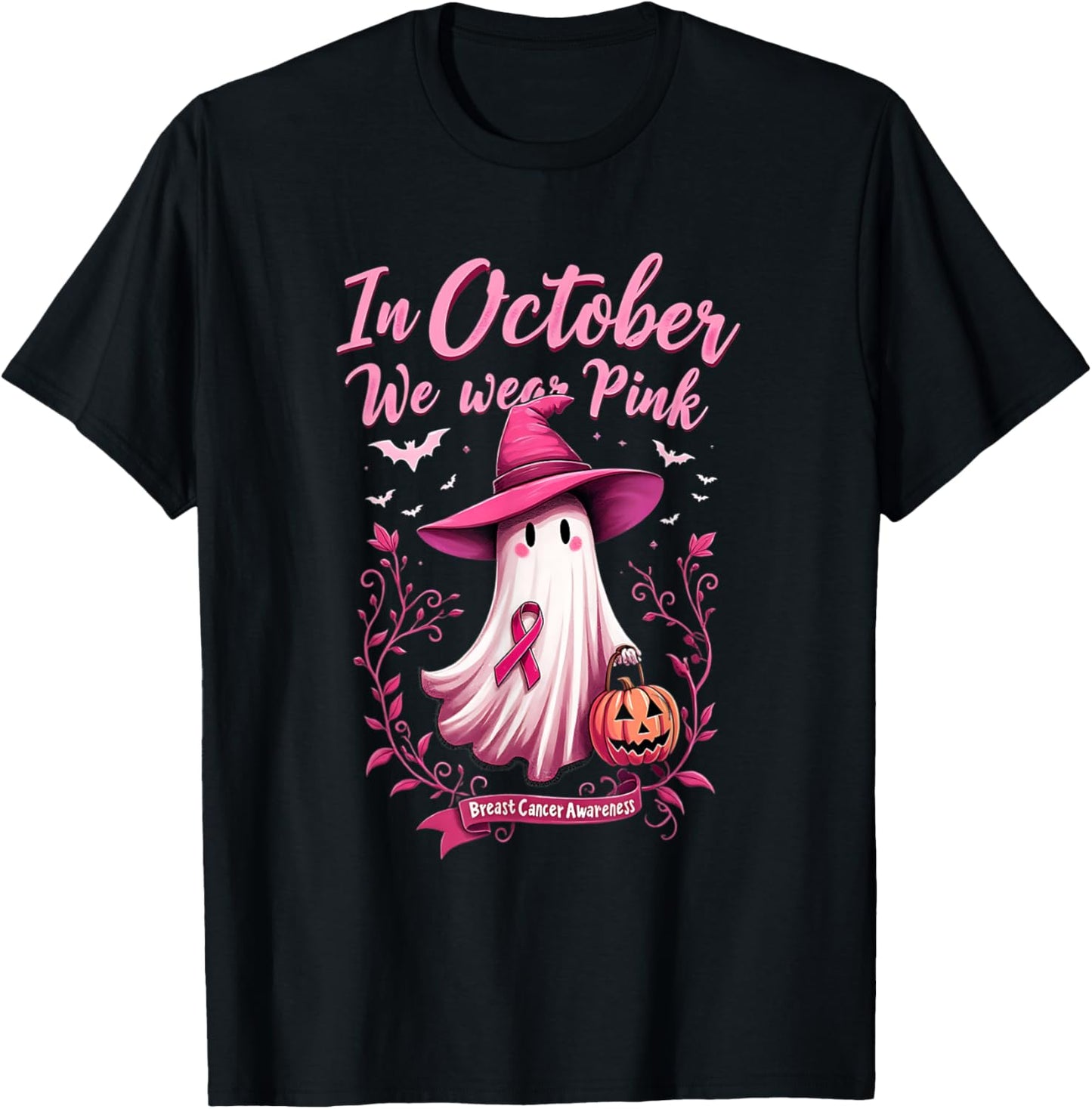 Cute We Wear Pink Ghost Witch Hat Breast Cancer Awareness T-Shirt - T-Shirt | Black