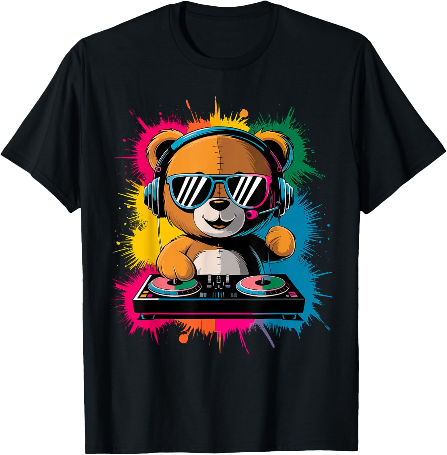 Magical and Funny DJ Gifts Colorful DJ Teddy Bear , Children's , Black, Small, Short Sleeve, Cotton Blend, Cartoon, Classic Fit, Imported T-Shirt - T-Shirt | Black