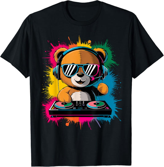 Magical and Funny DJ Gifts Colorful DJ Teddy Bear , Children's , Black, Small, Short Sleeve, Cotton Blend, Cartoon, Classic Fit, Imported T-Shirt - T-Shirt | Black