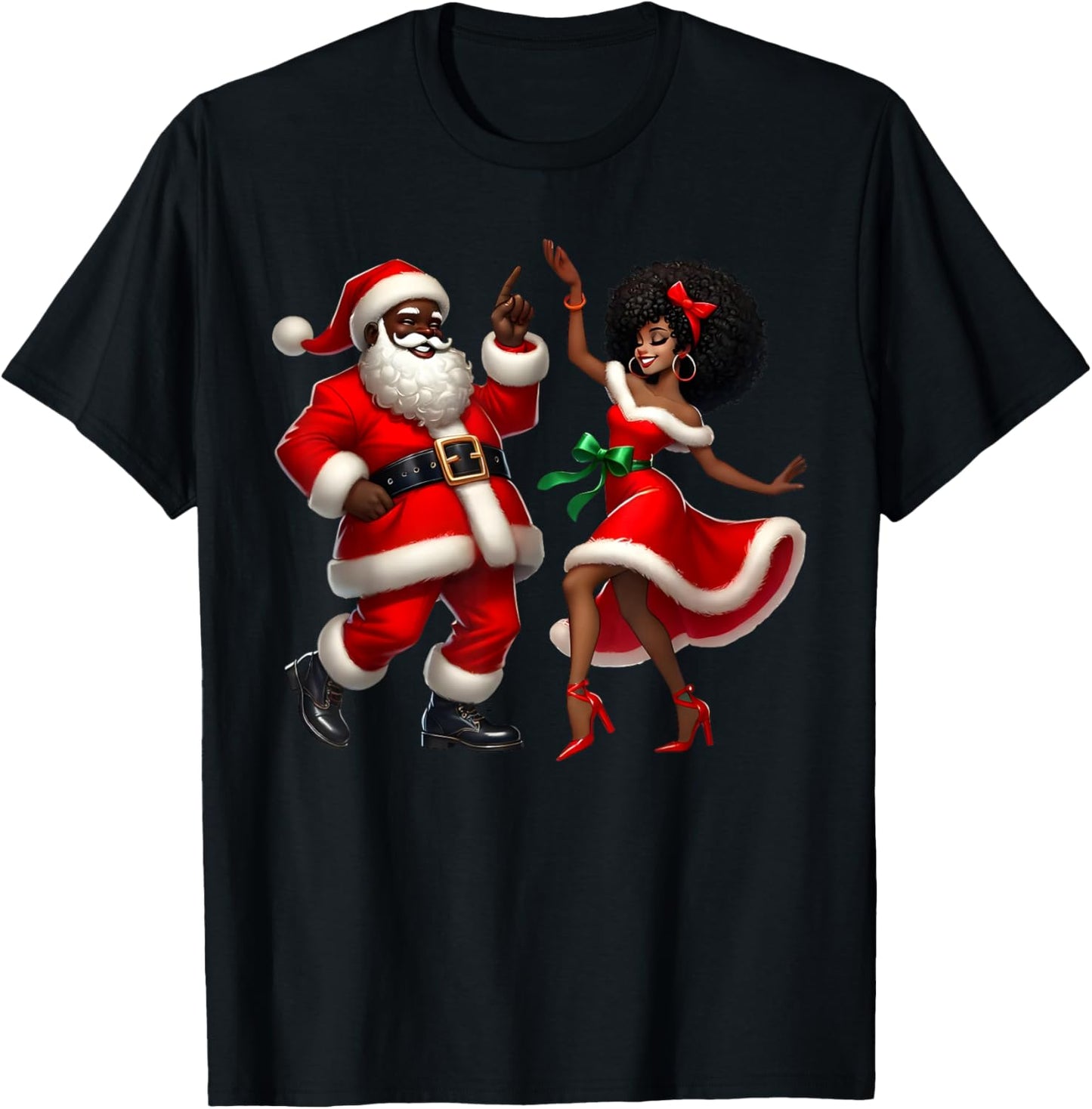 Santa Claus Couple Dancing African American Christmas T-Shirt - T-Shirt | Black
