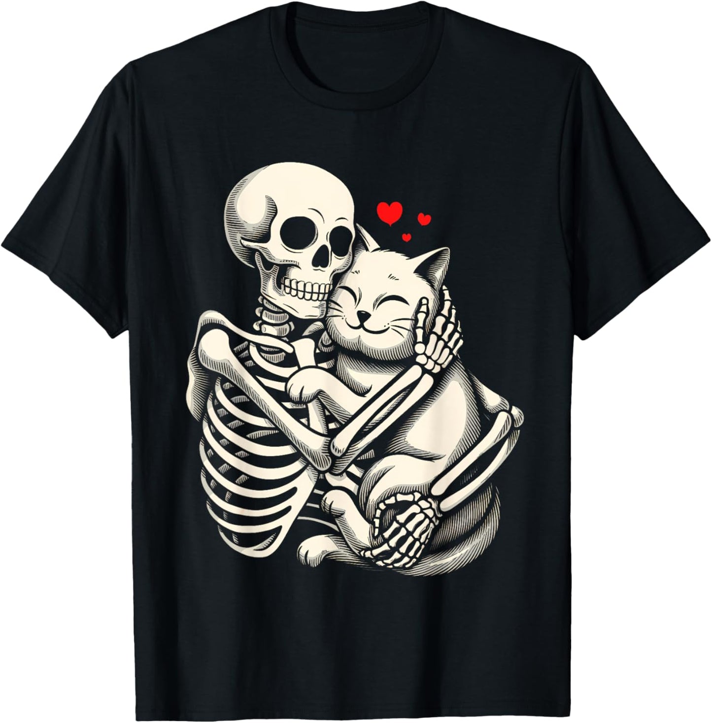 Skeleton Hugging Cat Halloween Cat Lover Cat Mom Dad Women Kids T-Shirt - T-Shirt | Black