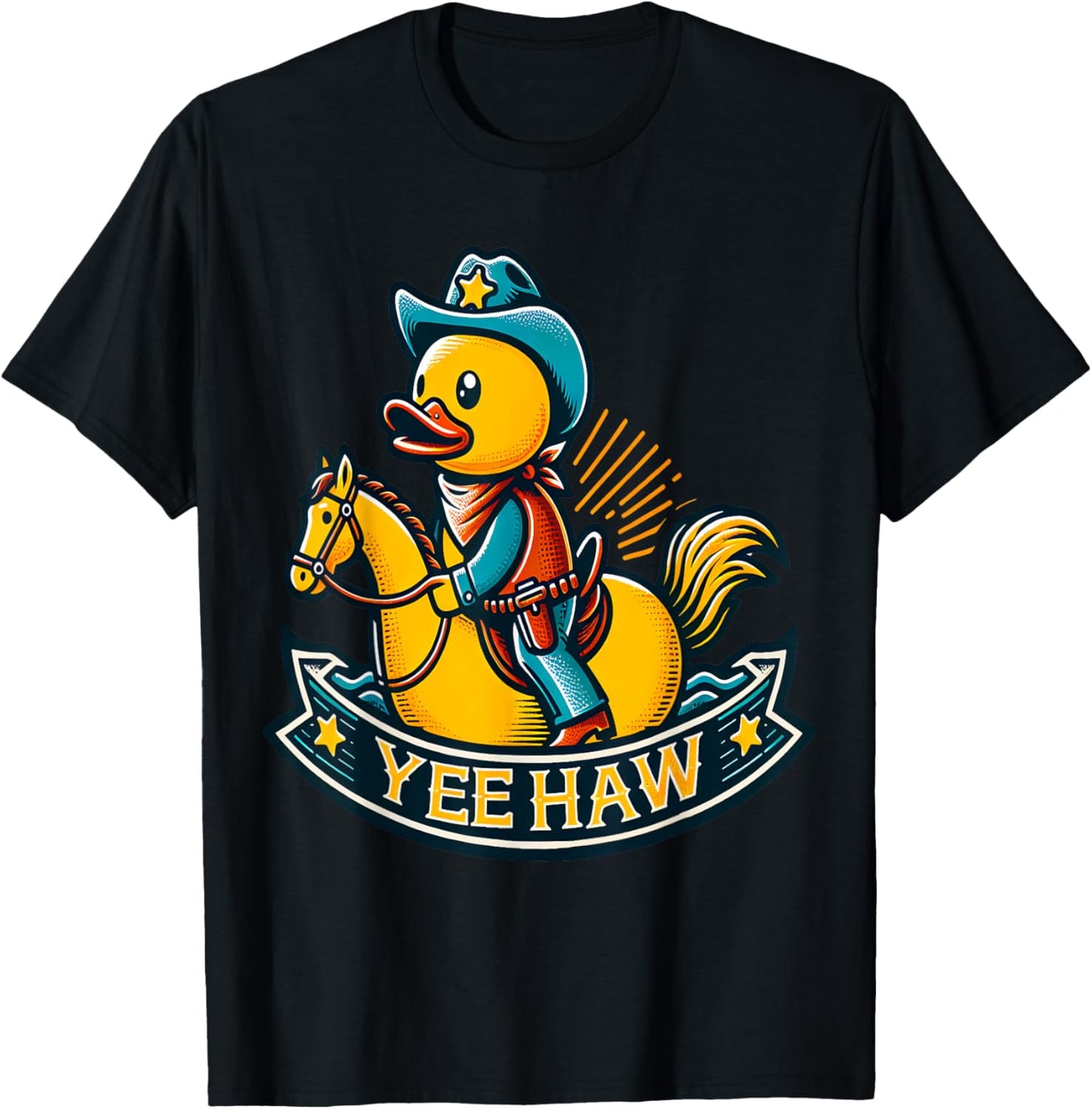 Cowboy Duck riding Horse Yeehaw Wild West Rubber Duck T-Shirt - T-Shirt | Black