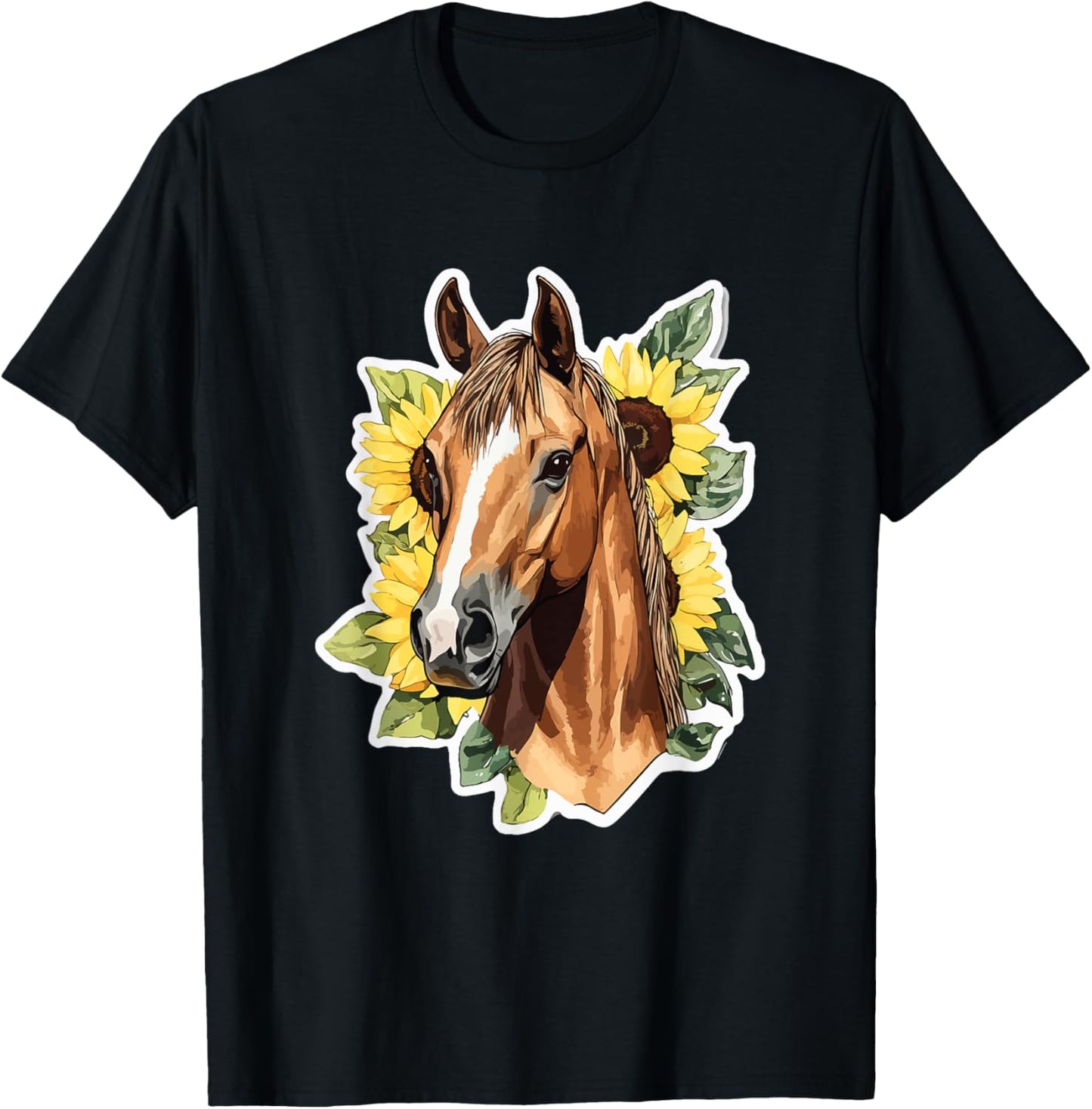 Floral Horse Among Sunflowers Under Blue Sky T-Shirt - T-Shirt | Black
