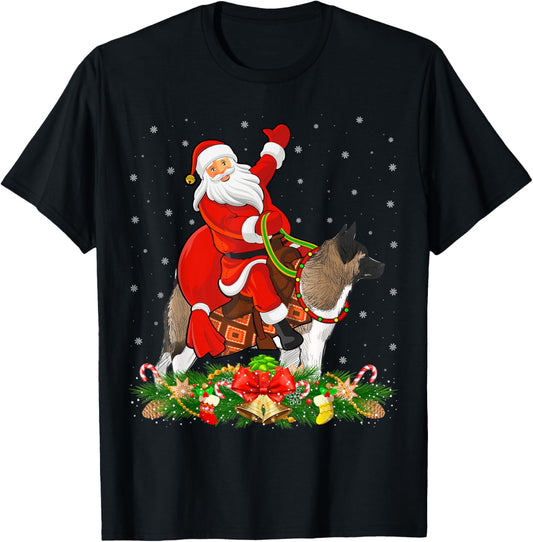Xmas Decor Funny Santa Riding Akita Dog Christmas T-Shirt - T-Shirt | Black