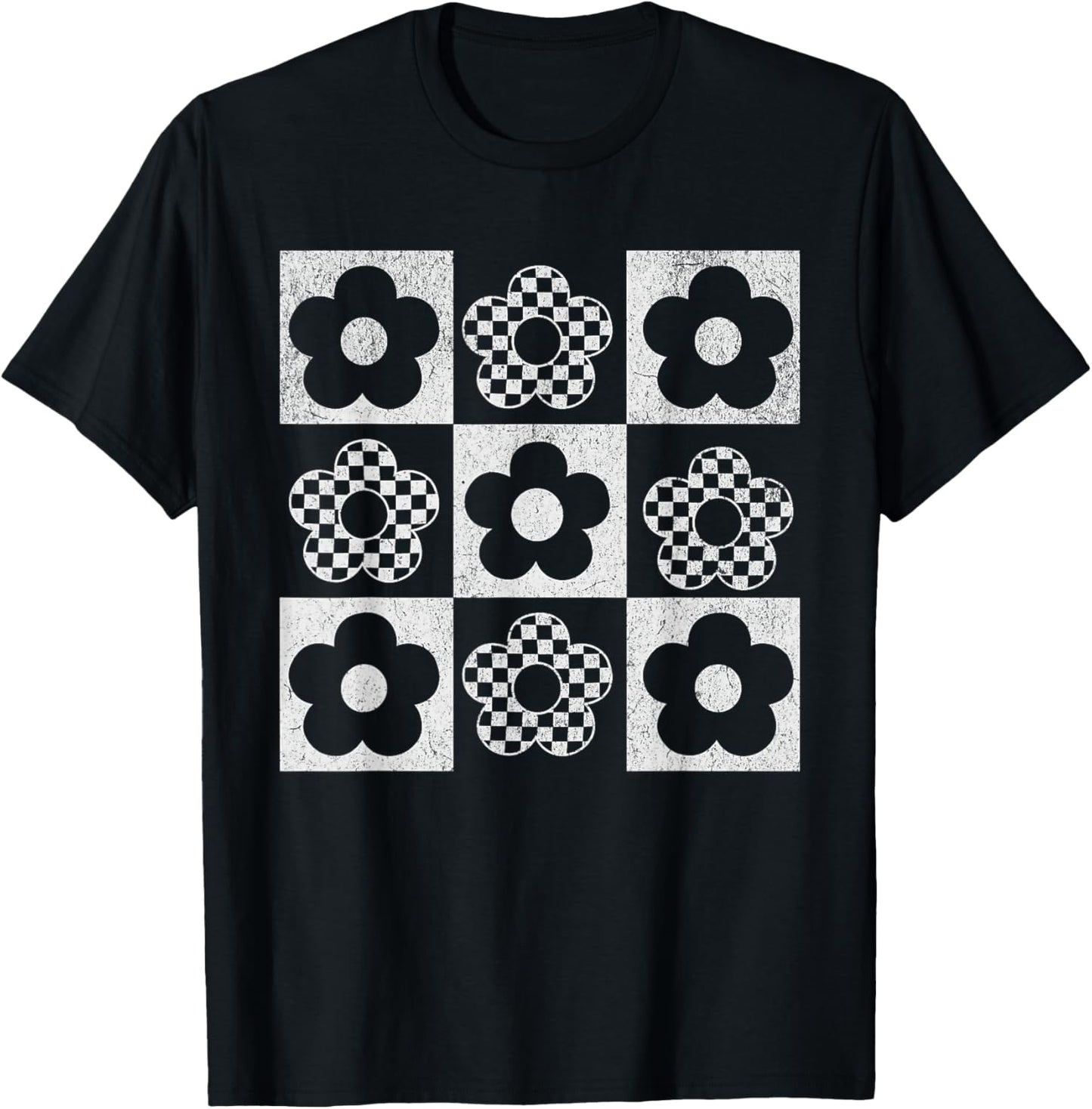 Retro Checkerboard Flower Pop Art T-Shirt - T-Shirt | Black