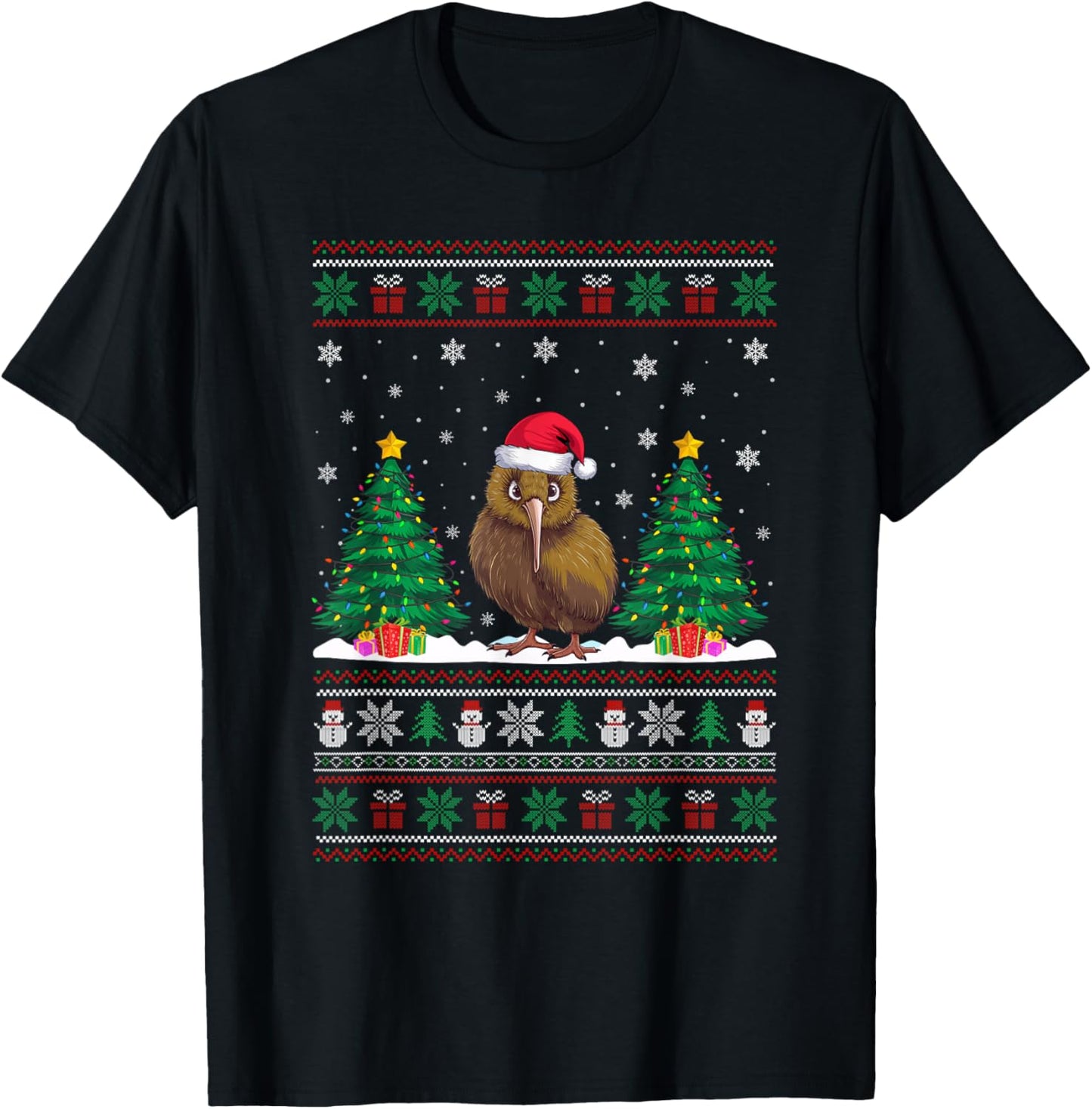 Santa Hat Kiwi Bird Christmas Tree Lights Ugly Sweater T-Shirt - T-Shirt | Black
