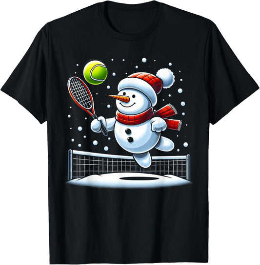 Tennis Snowman Santa Hat Christmas Xmas Boys Girls Kids T-Shirt - T-Shirt | Black