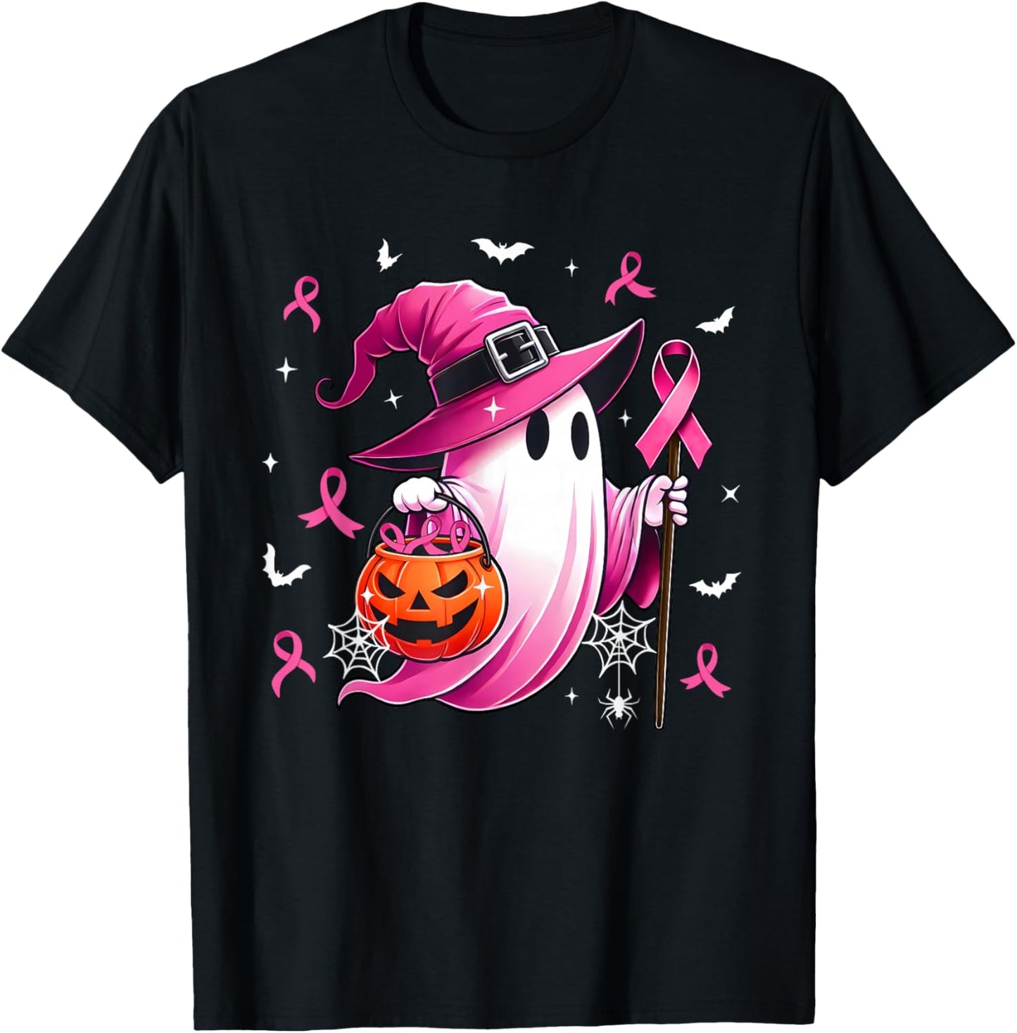 Halloween Pink Ghost Witch Breast Cancer Awareness Women T-Shirt - T-Shirt | Black